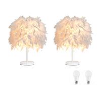 Paquet de 2 lampes de table en plume lampe de chevet abat-jour de table en plume base blanche légère avec ampoule 3W pour salon, chambre, restaurant, décoration, S