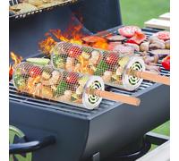 Paquet de 2 paniers de gril cylindriques, panier de gril roulant en acier inoxydable, panier de gril enroulable portable avec poignée en bois pour accessoires de gril de camping en plein air