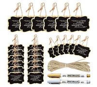 Paquet de 24 étiquettes pour tableau avec ficelle, Giyipripi 2,36x3,35 pouces Mini panneaux en bois avec marqueurs or et argent, Étiquettes de tableau suspendues Signes de planche