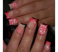 Paquet De 24 Faux Ongles En Plastique Dégradé De Points Floraux Artificiels Réutilisables Pour Femmes Mode Automne Hiver Application Facile Faux Longue Durée