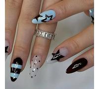 Paquet De 24 Ongles Artificiels À Pois Et Étoiles Rayures Bleues Brillantes En Forme D'amande Presser Pour Débutants Porter Confortablement Accessoires De Fête Facile Appliquer Faux