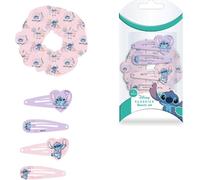 Paquet de 4 épingles à cheveux et 1 élastique en tissu Stitch. Couleur : rose et violet, fabriqué avec des matériaux robustes, inspiré de Stitch, produit original, conçu en Espagne