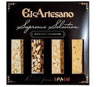 Paquet de 4 turron espagnol 70grs. L'Artisan : Comprend : 1x Turrón de Jijona Artisan, 1x Turrón de Alicante Artisan, 1x Turrón de guirlache Artisan, 1x Turrón imperial de frutos secos