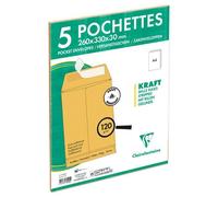 Clairefontaine 74545C - Paquet de 5 Pochettes Kraft Brun E4-260x400 mm avec Soufflet de 30 mm - Auto-Adhésives - 120g/m²