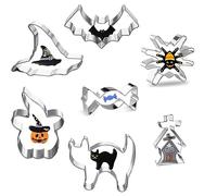 Paquet de 7 couteaux à biscuits d'Halloween, couteau à biscuits en acier inoxydable, couteau à biscuits d'Halloween citrouille, araignée, maison hantée, fantôme, chat noir, sorcière, chauve-souris