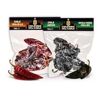 Paquet de piments secs entiers mexicains. Guajillo 75 g et Ancho 75 g (150 g au total), tout naturel, chaleur légère à moyenne pour un goût mexicain authentique. Idéal pour tacos birria, talpa