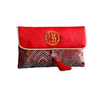 Paquet élégant en tissu rouge avec tampon doré et pompons, conçu pour une utilisation festive traditionnelle comme le Nouvel An chinois et d'autres célébrations, vendu par lot de un ou deux (A)