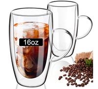 PARACITY Lot de 2 tasses à café en verre à double paroi de 473,6 g avec poignée, tasses à café en verre borosilicate transparent, parfaites pour cappuccino, latte, expresso, boissons chaudes, thé