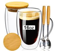 ParaCity Lot de 2 tasses à cappuccino, verres à latte macchiato, 470 ml, avec cuillère et couvercle, verres à double paroi, tasses à expresso en verre borosilicate, verres à café pour lave-vaisselle