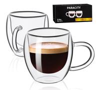 PARACITY Lot de 2 Tasses à Expresso, Verres à Latte Macchiato à Double Isolation 180 ml, Ggobelets à Double Paroi Avec Poignée, Tasses à Cappuccino Transparentes