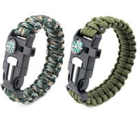 Paracord Survival Bracelet, 2pcs Survival Kit With Flint Fire Starter,Squeegee,Compass,Whistle And Parachute Cord Buckle For Hiking Camping Outdoor Activities