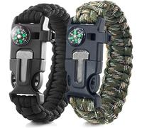 Paracord Survival Bracelets (Pack Of 2) 5 In 1 Flint Steel Fire Starter Whistle Compass Adjustable Bracelet Length For Camping Outdoor Survival