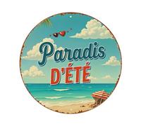 Paradis D Ete Plaque ronde en métal vintage avec scène de plage rétro pour bar, maison, cave, cuisine, buanderie 20,3 x 20,3 cm