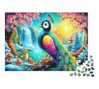 Paradis des Paons Carton ondulé Paon près d’Une Cascade dans la forêt Puzzle Classique Cadeau Secret de Noël de Collection 52x38cm/1000 pièces