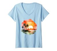 Paradis du Coucher du Soleil Tropical : Palm Beach Vibes T-Shirt avec Col en V, Femme, Bleu Céleste, S