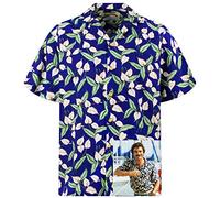 Paradise Found Chemise Hawaïenne Originale Tom Selleck, Manches Courtes, Green Leaves on Blue, Bleu, XS
