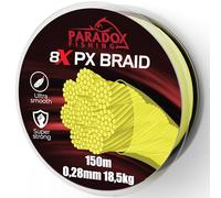 Paradox Fishing 8 x PX Fil de pêche tressé, Chartreuse, jaune, 150 m, 0,28 mm, 18,5 kg, fil de pêche tressé, étroitement tressé, parfait pour la pêche au lancer