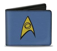 Paramount Network Portefeuille à deux volets en cuir vegan avec rabat standard et emplacements pour cartes, logo Star Trek Starfleet Sciences Insignia Bleu Jaune Q, bleu, 4.0" x 3.5", Décontracté