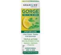 GRANIONS SPRAY GORGE |Toux et Mal de Gorge - Sans Alcool - Triple action apaisante, hydratante et protectrice - Dispositif médical - Dès 3 ans, pour toute la famille Arôme Menthe-Citron - 20 mL