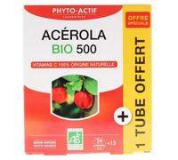 Parapharmacie > Compléments alimentaires > Compléments Alimentaires Vitalité et Défenses immunitaires > Vitamines C et acérola Phyto-Actif Acerola 500 Bio Comprimés x 24 + 1 Tube Offert