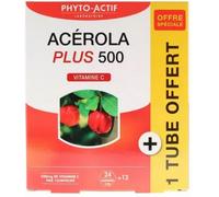 Parapharmacie > Compléments alimentaires > Compléments Alimentaires Vitalité et Défenses immunitaires > Vitamines C et acérola Phyto-Actif Acerola Plus 500 Comprimés x 24 + 1 Tube Offert