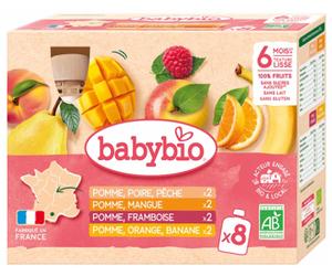 Parapharmacie en ligne > Bébé & Maman > Alimentation bébé > Repas pour bébé Babybio 100% Fruits 6 Mois et + Bio Gourdes 90 g x 8