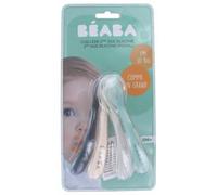 BÉABA, Lot de 4 Cuillères en Silicone pour Bébé et Enfant, 2ème Âge, à partir de 8 mois, Souple, Bout arrondi, Manche Ergonomique, Set Barbe à papa/Guimauve/Vert de gris/Lila
