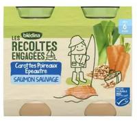 Parapharmacie en ligne > Bébé & Maman > Alimentation bébé > Repas pour bébé Blédina Les Récoltes Engagées Carottes Poireaux Epeautre Saumon Sauvage des 6 Mois Pots x 2