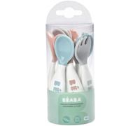 BÉABA, Set Premiers Couverts ergonomiques, Lot de 6 Cuillères & 4 Fourchettes, Manche court et arrondis, Prise en main facile pour Bébé, Adaptée aux droitiers et aux gauchers, Gris/Bleu/Rose