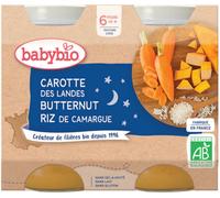 Parapharmacie en ligne > Bébé & Maman > Alimentation bébé > Repas pour bébé > Petits pots pour bébé Babybio Bonne Nuit Carotte Butternut Riz 6 Mois et + Bio Pots 200 g x 2