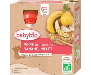 Parapharmacie en ligne > Bébé & Maman > Alimentation bébé > Repas pour bébé > Petits pots pour bébé Babybio Poire Banane Millet 6 Mois et + Bio Gourdes 90 g x 4
