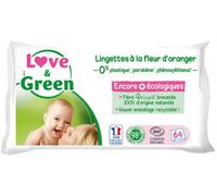 Love & Green Lingettes à la Fleur d'Oranger Saines et Ecologiques - Paquet de 64 Lingettes - Certifiée Cosmo Natural par ECOCERT et FSC - Emballage recyclable