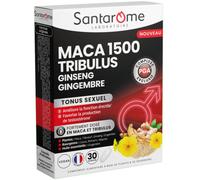Santarome Bio - Maca 1500 Tribulus Ginseng Gingembre - Complément alimentaire Tonus Sexuel - Améliore la fonction érectile - Tonifiant sexuel - Fortement dosé - 30 comprimés - Made In France - Végan