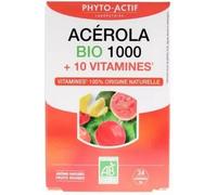 Phyto-Actif Complément alimentaire Acérola Bio 1000 + 10 Vitamines Goût fruits rouges 24 comprimés