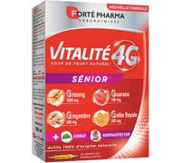 Forté Pharma - Vitalité 4G Sénior - Ginseng, Gingembre, Guarana, Gelée Royale, Harpagophytum - Complément Alimentaire Senior - Résistance physique, Anti fatigue et stress - 20 ampoules, 1/jour