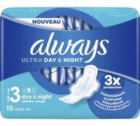 Parapharmacie en ligne > Hygiène & Premiers soins > Produits d'hygiène intime > Protections hygiéniques Always Ultra Day et Night Taille 3 Serviettes Hygiéniques x 10