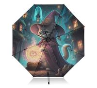 Parapluie anti-UV UPF 50 compact automatique pliable noir parapluie inversé pour femmes, hommes et adultes, chat mignon magicien