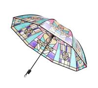 Parapluie Automatique Coupe Vent, Parapluie Vitrail Peinture à la Main Vintage Transparent, Ouverture et Fermeture Automatiques, Parasol Pliable Compact Parapluies Pliants pour Voyage Extérieur Femme