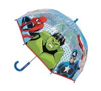Parapluie Avengers transparent pour enfants, 45 cm, 100% POE, structure en fibre de verre robuste, poignée incurvée bleue, produit officiel Marvel pour la pluie et l'école