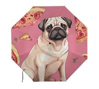 Parapluie compact imperméable rose à motif pizza carlin. Ouverture et fermeture automatiques en un clic. Parapluie de voyage portable pouvant être rangé dans une mallette, un sac à dos ou une valise.