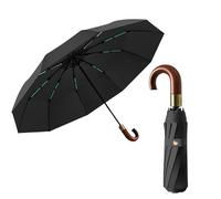 Parapluie de voyage pliable de luxe avec poignée en J en bois véritable pour homme/portable/ouverture/fermeture automatique, couche de revêtement bloquant le tissu/pluie, soleil, protection UV UPF 50