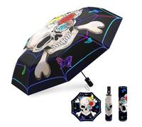 Parapluie gothique automatique pour Halloween, motif tête de mort, fleur, pliable, compact, parapluie de voyage inversé pour pluie, coupe-vent, portable, ouverture et fermeture automatique, parasol