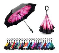 Parapluie inversé, protection UV et coupe-vent, grand parapluie droit autoportant pour le golf, poignée en forme de C, conception pliable à ouverture inversée, Fleurs roses