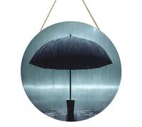 Parapluie noir sous la pluie panneau rond en bois peinture 30,5 cm œuvre d'art exquise, bois respectueux de l'environnement, un choix élégant pour la décoration de la maison.