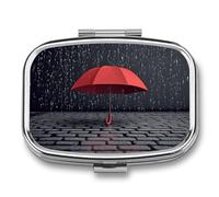 Parapluie rouge dans une boîte à pilules de pluie à 2 compartiments pour sac à main ou poche Mini pilulier en métal pour médicaments quotidiens pour contenir des vitamines, de l'huile de poisson