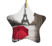 Parapluie rouge Tour Eiffel Paris - Décoration de Noël en forme d'étoile en céramique à suspendre - Décoration de sapin de Noël en céramique pour décoration de Noël, maison, bureau, idée cadeau