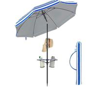 Parasol Ø 160 cm, UPF 50+, Inclinaison de 30° des 2 Côtés, Hauteur Réglable, Adapté pour Plage, Jardin, Sans Base, Bleu et Blanc