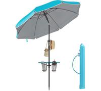 Parasol Ø 160 cm, UPF 50+, Inclinaison de 30° des 2 Côtés, Hauteur Réglable, Crochets, Adapté pour Plage, Jardin, Sans Base, Bleu