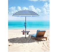 Parasol 160 cm, UPF 50+, Inclinaison de 30° des 2 Côtés, Hauteur Réglable, Adapté pour Plage, Jardin, Sans Base, Bleu et Blanc