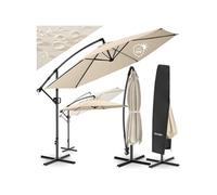Parasol à pied central pivotant 360° en polyester beige avec manivelle et toit double ventilé